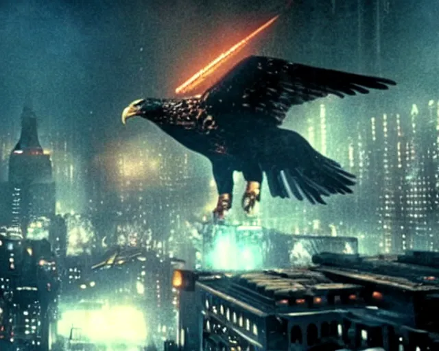 Image similar to a movie still of a gigantic egyptian god fighting a huge eagle in blade runner los angeles, by marvel movies and ilm