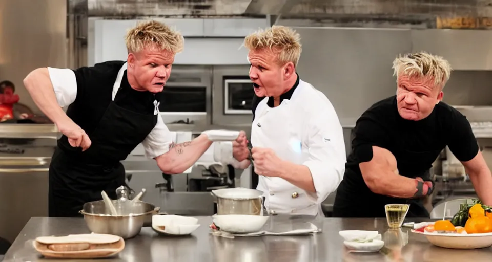 Image similar to photo of angry furious Gordon Ramsay punching Gordon Ramsay at the kitchen