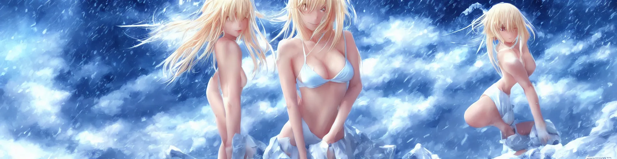 Image similar to full body shot : a very beautiful young blond anime girl on a snowstorm, sky blue eyes,, bikini, miniskirt, highly detailed, cinematic wallpaper by stanley artgerm lau