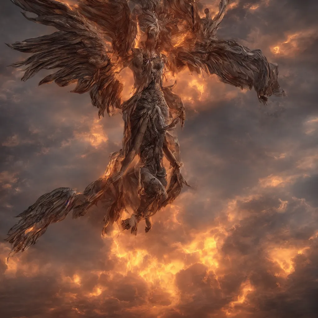 Image similar to a giant angel with many wings and eyes, fiery clouds, thunder, unreal engine, very detailed