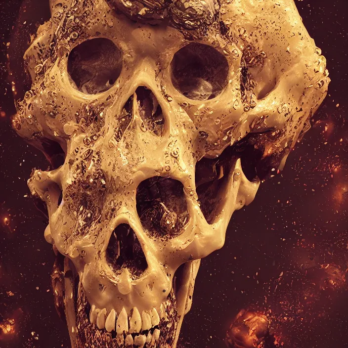 Image similar to portrait of a melting wax skull. intricate abstract. sharp teeth. delicate artwork. infected by zombie fungus. by Tooth Wu, wlop, beeple, dan mumford. octane render, trending on artstation, greg rutkowski very coherent symmetrical artwork. cinematic, hyper realism, high detail, octane render, 8k, depth of field, bokeh. chrome accents.