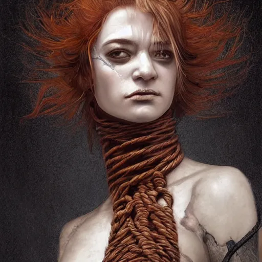 Image similar to portrait of a Shibari rope wrapped face and neck, headshot, insanely nice professional hair style, dramatic hair color, digital painting, of a old 15th century, old cyborg merchant, amber jewels, baroque, ornate clothing, scifi, realistic, hyperdetailed, chiaroscuro, concept art, art by Franz Hals and Jon Foster and Ayami Kojima and Amano and Karol Bak,