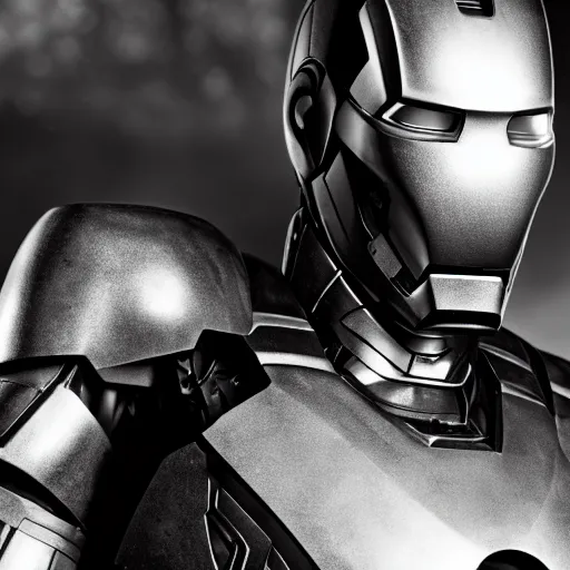 Prompt: close - up ironman in a white and black armor, battle damage, shallow depth of field, moody lighting, 8 k,