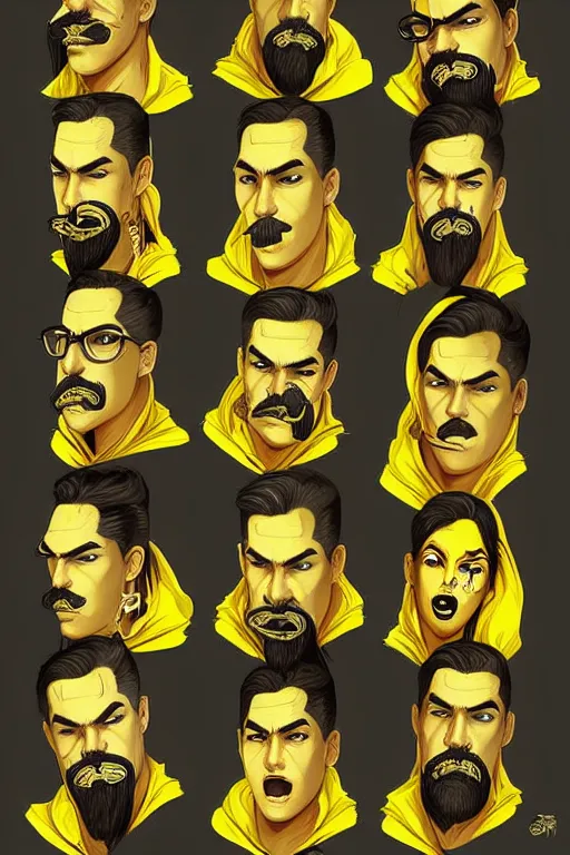 Prompt: saints street gang wear yellow bandanas, and some of them have thick mustachesdigital art, artgrem, illustration, concept art, pop art style, dynamic comparison, fantasy, bioshock art style, gta chinatowon art style, hyper realistic, face and body features, without duplication noise, hyperdetails, differentiation, sharp focus, intricate