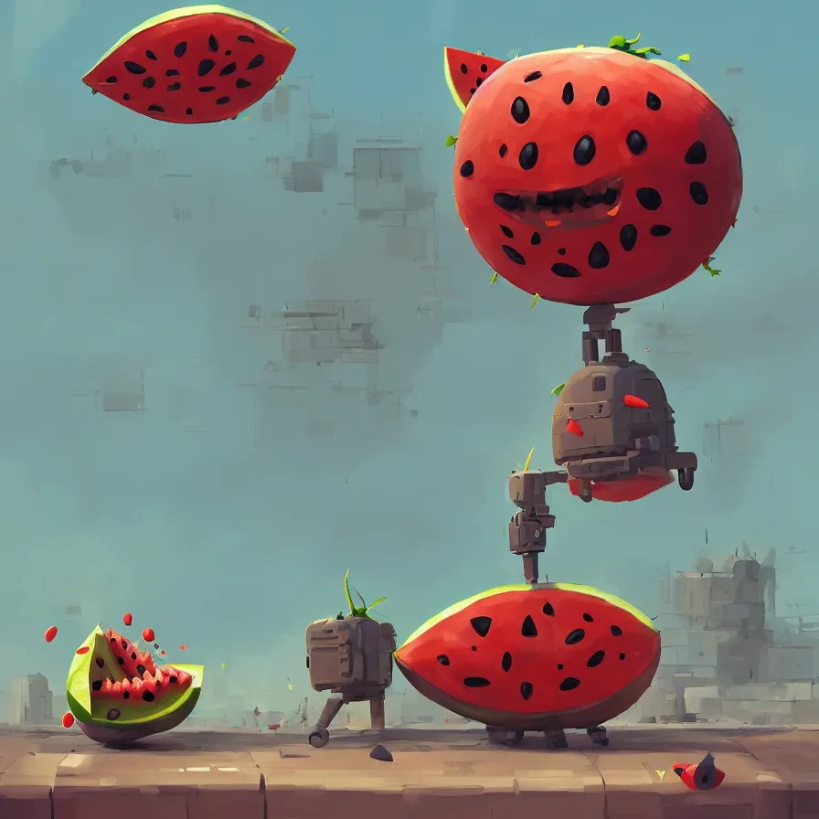 Image similar to Goro Fujita illustrating a watermelon military machine defending a city, art by Goro Fujita, sharp focus, highly detailed, ArtStation