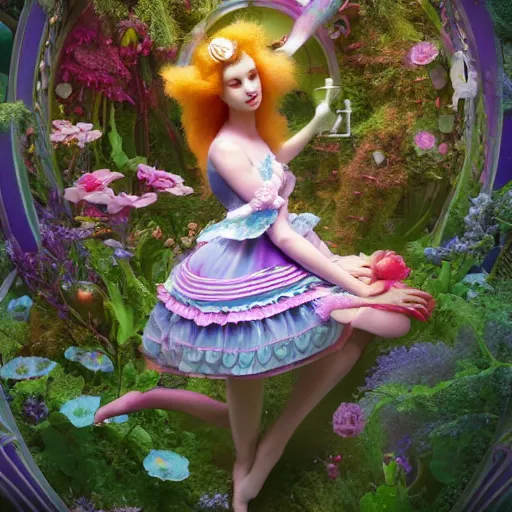 Prompt: alice in wonderland, art nouveau, by rachel ruysch and lisa frank, 8 k, sharp focus, octane render