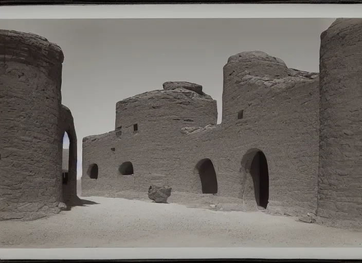 Prompt: Photograph of adobe archways and buildings standing in a flat grassy desert, albumen silver print, Smithsonian American Art Museum