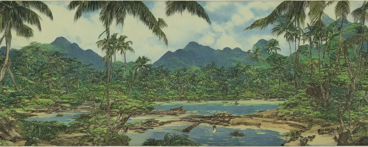 Image similar to a 2D drawing of a beautiful Philippine landscape, majestic and exotic by hiroshi yoshida