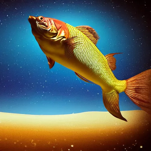 Prompt: a high resolution photo of a beautiful muscular fish watching the end of the universe in the desert