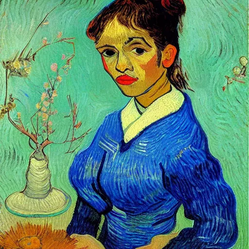 Prompt: painting of a cute roman - mexican girl lady by van gogh, fine art
