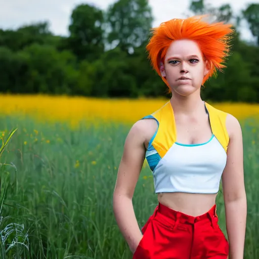 Image similar to misty from pokemon, her orange hair in a side ponytail, wearing a yellow shiort sleeved crop top and blue daisy duke shorts with red suspenders on top, standing in a field, by gottfried helnwein, dslr full body portrait, sigma 8 5 mm f 1. 8