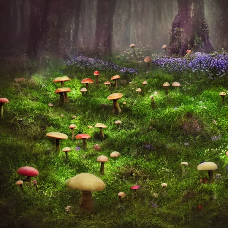 Image similar to a planet of various fungus, mushrooms, flowers and plants, inside the picture is infinity, Atmospheric, artistic photography, conceptual, long exposure outside the city, volumetric light