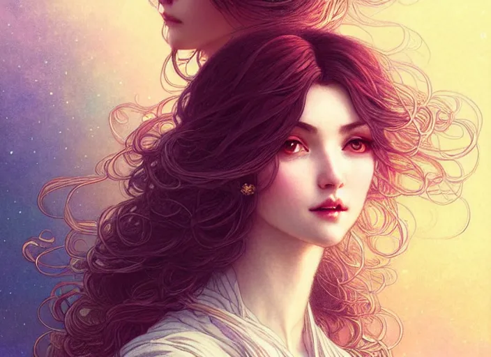 Prompt: portrait of 3 women with flowy hair, confident pose, pixie, genshin impact, intricate, elegant, sharp focus, soft bokeh, illustration, highly detailed, concept art, matte, trending on artstation, bright colors, art by wlop and artgerm and greg rutkowski, mucha, giger