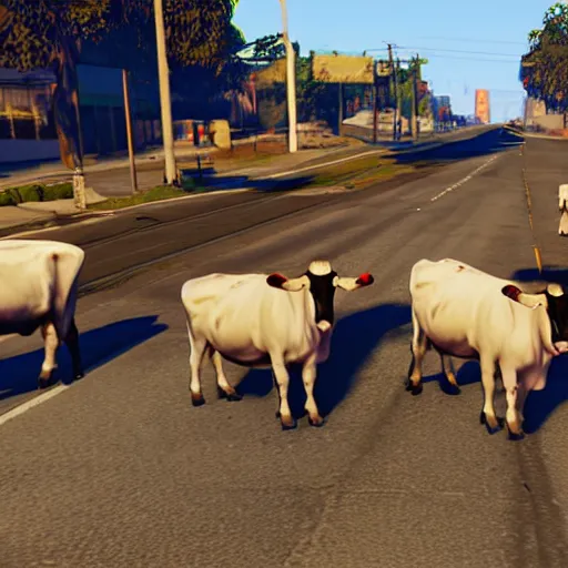 Prompt: a game screenshot of grand theft auto v, with cows in the street, standing up and holding guns.