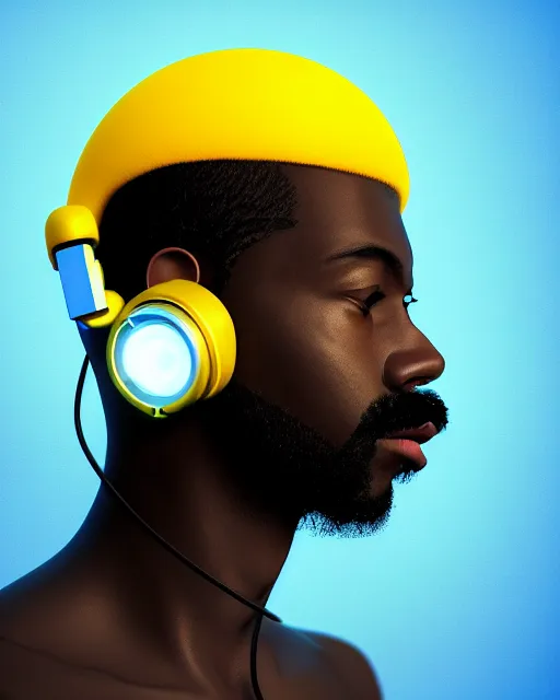 Prompt: hyperrealist highly intricate neo-modern portrait light blue pearlescent a cyberpunk black man at 20s with robot eyes, short hair, tiny thin mustache, thin face, wearing headphones, holding a big camera, concept art pascal blanche key sage dramatic yellow lighting 8k high angle shallow depth of field