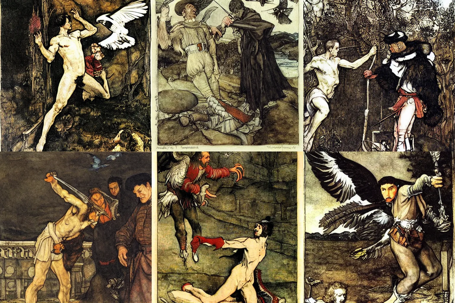 Prompt: a falcon flies away from the falconer. painting by diego velazquez, arthur rackham and milo manara