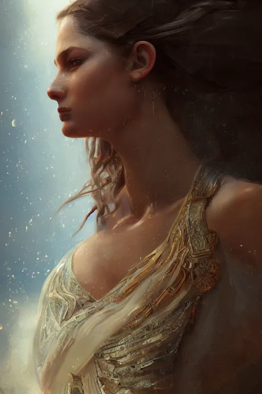 Image similar to greek goddess of ai art, close - up portrait, powerfull, intricate, elegant, volumetric lighting, scenery, digital painting, highly detailed, artstation, sharp focus, illustration, concept art, ruan jia, steve mccurry