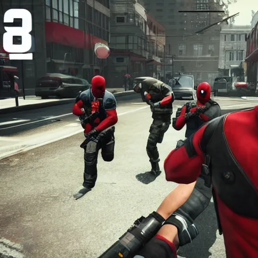 Prompt: Screenshot from the PC game Payday 2 demonstrating the Deadpool crossover