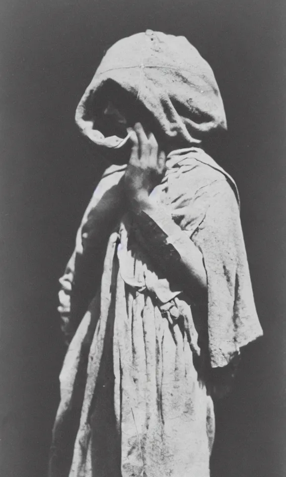 Prompt: person wearing cloth sack over head, ww1 photo, grainy, high detail, high resolution,