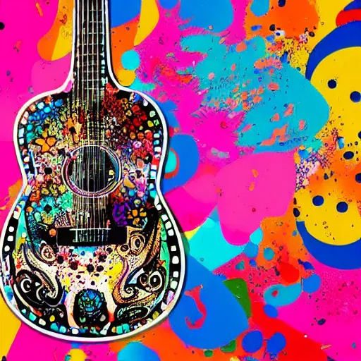 Image similar to calavera guitar, colorful, splatters, in japan style