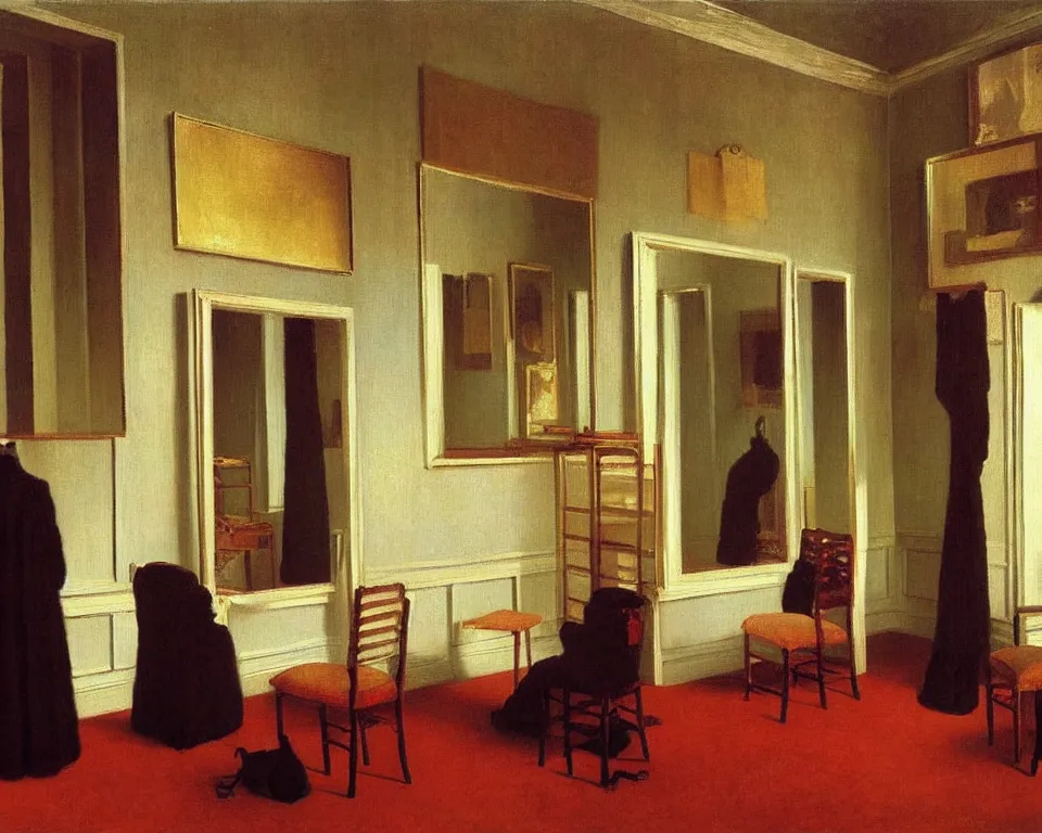 Prompt: achingly beautiful painting of a sophisticated, well - decorated dressing room by rene magritte, monet, and turner.