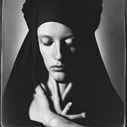 Prompt: The virgin Mary. Close-up studio portrait by Robert Mapplethorpe. Tri-x.