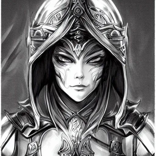 Prompt: handsome smiling female voluptuous half - elf paladin, dramatic blonde hair, plate armor, portrait, anime, dark atmospheric lighting, volumetric, manga style, artstation, black and white, line - art