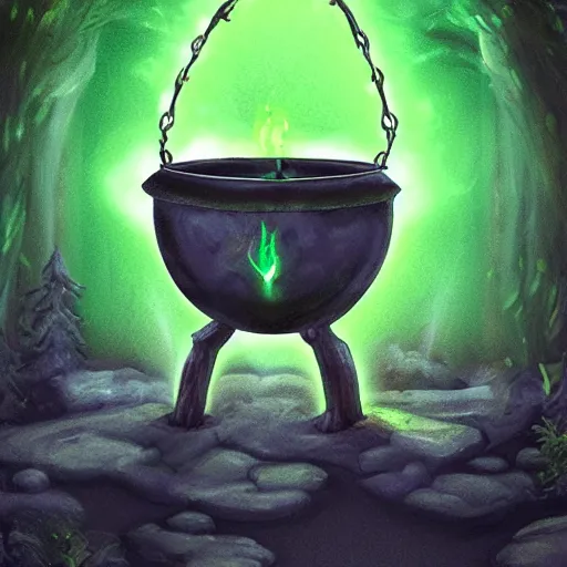 Image similar to a cauldron filled with a magical green glowing potion hanging above a campfire, night, fantasy, digital art, mysterious