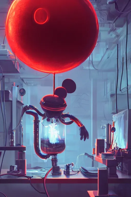 Image similar to mechanics scientist in lab facility looking at bloody mickey mouse head lifted by claw,, made by beeple, cgsociety, artgerm, greg rutkowski, highly detailed intricate 4 k art, low light cinematic, octane render, unreal engine, smooth concept art