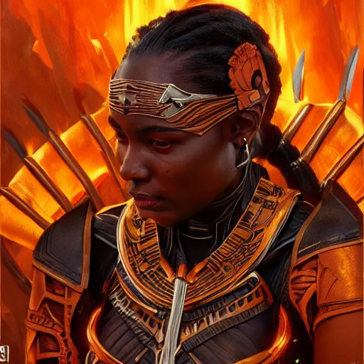 Prompt: a wakandan warrior wearing a fiery flamng armor, ultra realistic, concept art, intricate details, eerie, horror, highly detailed, photorealistic, octane render, 8 k, unreal engine. art by artgerm and greg rutkowski and alphonse mucha