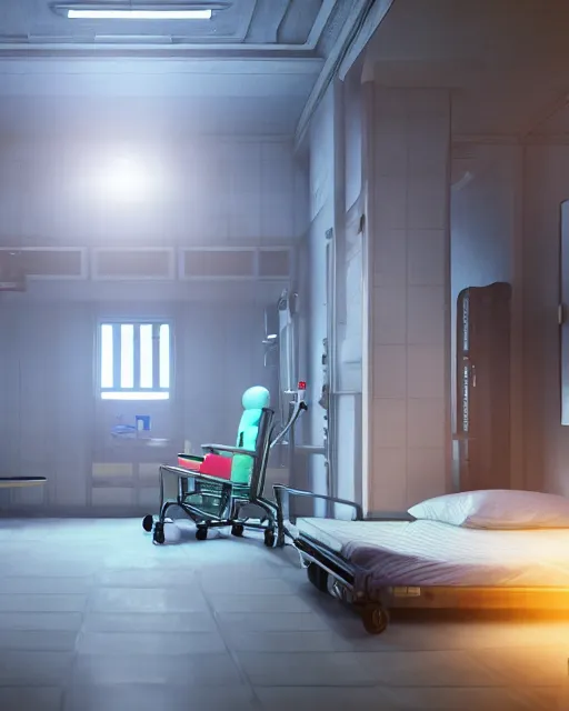 Image similar to artstation scifi scene of a old chinese hospital ward, a bunch of light on a business card, bed, wheelchair, window, bedside table, paneled walls, unreal engine 5, hyper realism, realistic shading, cinematic composition, blender render, octane render, hdr, detailed textures, photorealistic, wide shot