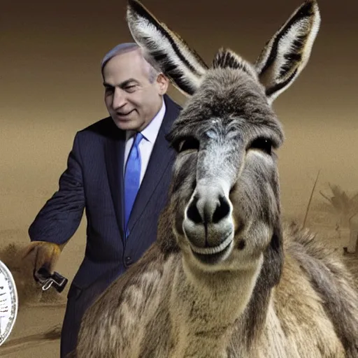 Image similar to donkey sitting on benjamin netanyahu picture, photorealistic, detailed, photograph