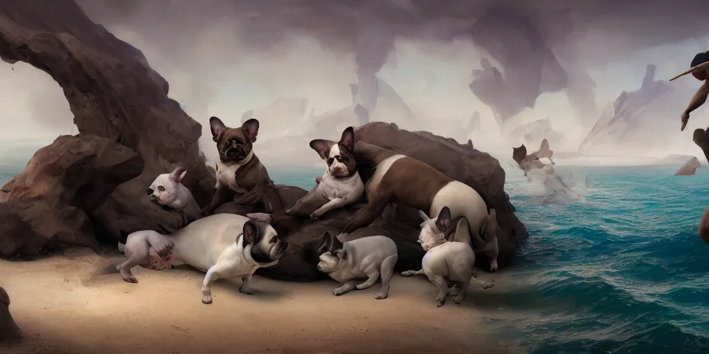 Image similar to french bulldogs playing on the beach, mythology, extremely detailed digital painting, in the style of dali, jheronimus bosch and ruan jia and jeremy lipking and peter mohrbacher, mystical colors, edge light, beautiful lighting, 4 k, stunning scene, ray tracing, octane, trending on artstation