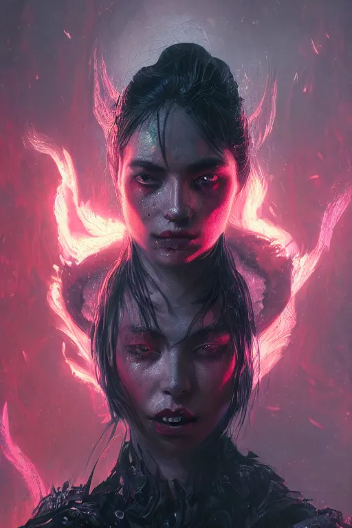 Image similar to a beautiful portrait of a young Demon women covered in deep purple flames with an intense look on her face by Greg Rutkowski, Sung Choi, Mitchell Mohrhauser, Maciej Kuciara, Johnson Ting, Maxim Verehin, Peter Konig, Bloodborne , 8k photorealistic, cinematic lighting, HD, high details, atmospheric , trending on artstation