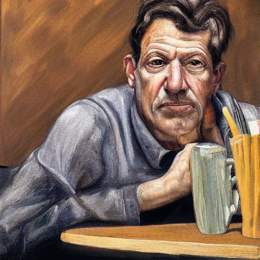 Prompt: high quality high detail painting by lucian freud, hd, portrait of coffeeshop owner