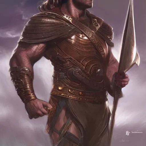 Prompt: henry cavill as a warrior, upper body, muscular, fantasy, intricate, elegant, highly detailed, digital painting, artstation, concept art, smooth, sharp focus, illustration, art by artgerm and greg rutkowski and alphonse mucha