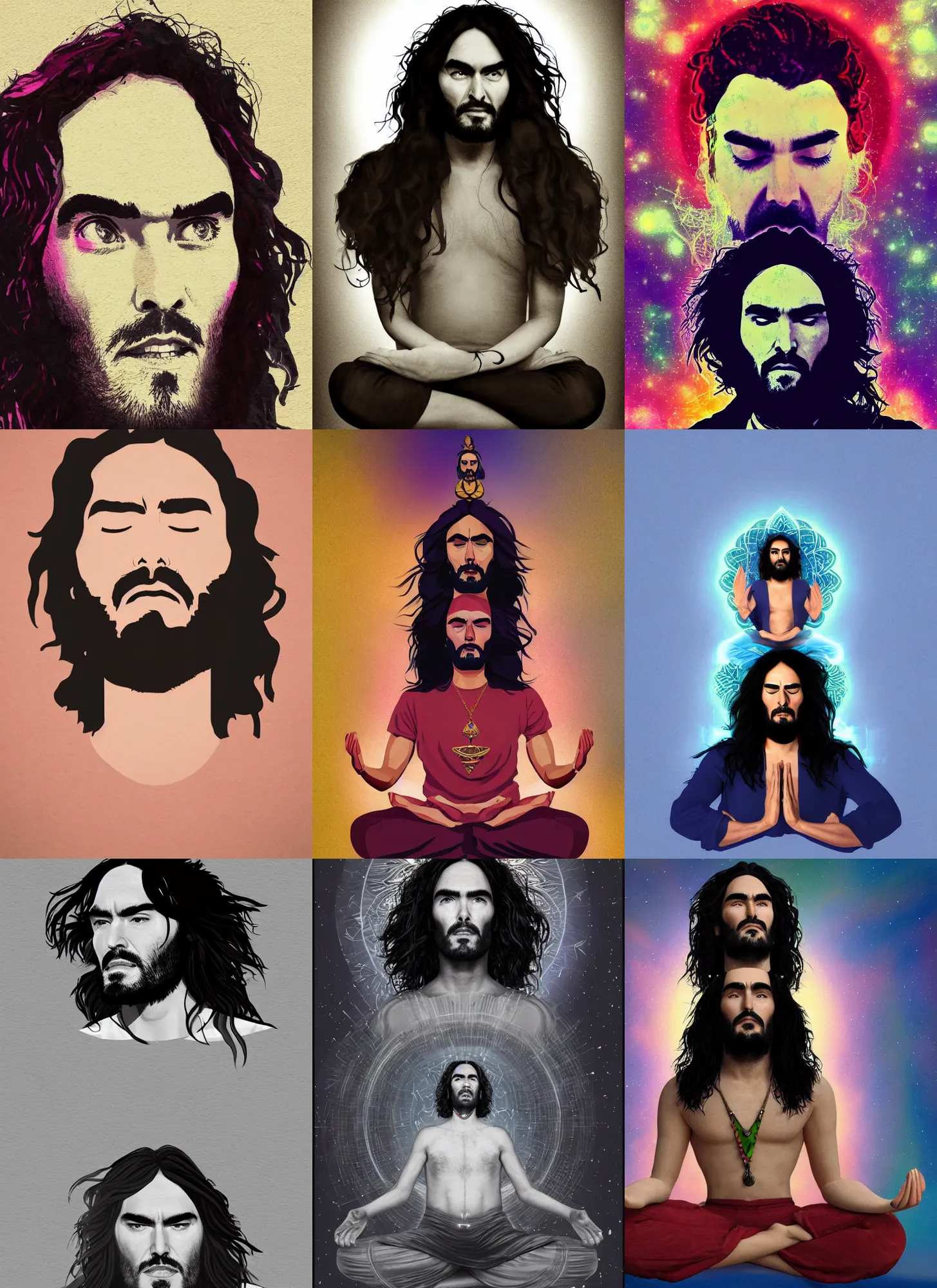 Prompt: character portrait of Russell Brand meditating with eyes closed, chakras, cosmos, simplistic, digital art, masterpiece, trending on artstation, 4k
