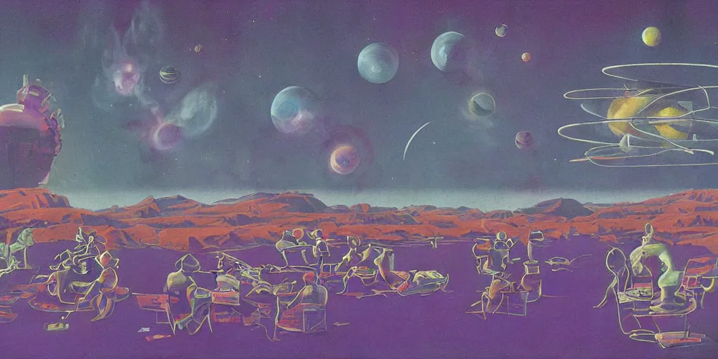 Image similar to surreal painting by chesley bonestell!!, twelve astronauts sitting by the river with a big holiday cake + psychedelic vegetation + purple, pink, blue + planets and stars + mystical fog, vintage sci - fi style of the 5 0 s, rule of the third!!!!, line graphics, 8 k, super detail, high quality