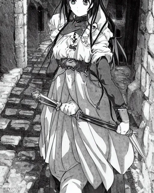 Prompt: key anime visual portrait of a young female walking through a medieval village, perfect anime face, dynamic pose, dynamic perspective, detailed silhouette, detailed, intricate, face by murata range