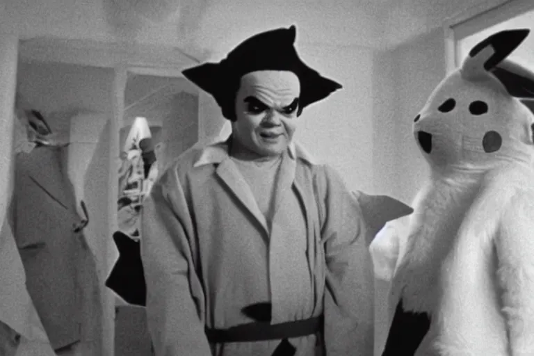 Image similar to Jack Nicholson dressed up in costume of Pikachu, still from the film by Stanley Kubrick