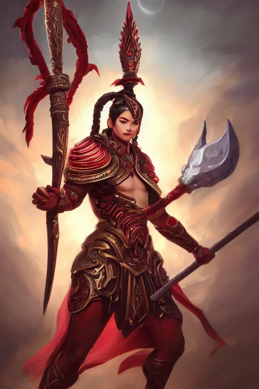 Image similar to a masterpiece portrait of nezha, legendary slim male god holding spear and red armor, bomb, fantasy character portrait, hyper detailed, digital painting, 8 k realistic, trending on artstation, sharp focus, dof, by fenghua zhong, artgerm, ne zha from smite, tsuyoshi nagano, flame everywhere