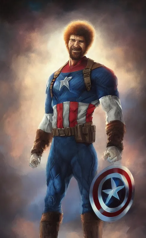 Prompt: bob ross as captain america, dynamic lighting, cinematic, ultra detailed, trending on art station, stunning visuals, creative, fantasy concept art