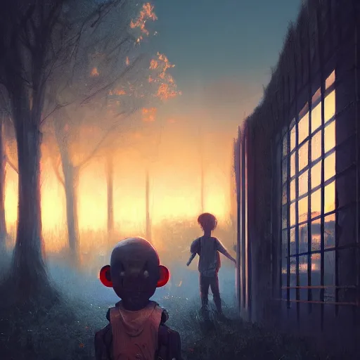 Prompt: digital painting of child playing with a huge humanoid robot in a park, sunset, a dark dystopian city behind a huge wall, dystopian, stunning, cinematic lighting, concept art by greg rutkowski and simon stalenhag and wlop, artstation