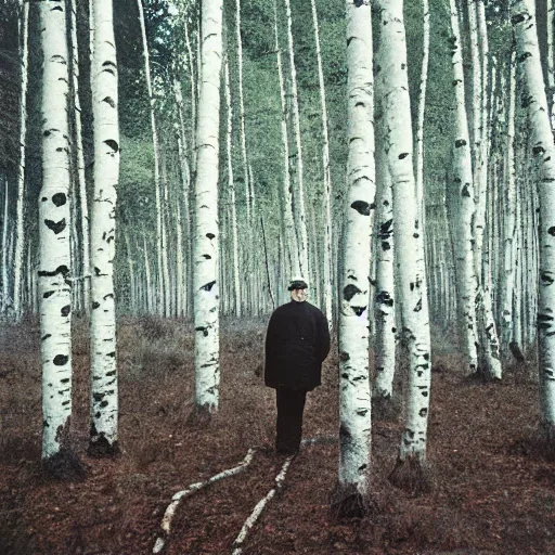 Image similar to photograph of an old man in a birch forest, medium format, tarkovsky