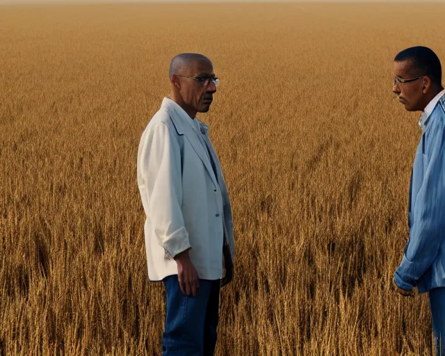 Prompt: extreme long shot of walter white and gustavo fring stand facing each other from a distance in a wheat field, low angle, side view, 8 5 mm photograph, 8 k resolution, wide shot, sharp lens, high detail, cinematic