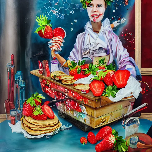 Image similar to a portrait in a dumpster, a woman holding pancakes, honey dripping, berries dripping, strawberries, scientific instruments, ikebana, octopus, neo - expressionism, surrealism, acrylic and spray paint and oilstick on canvas