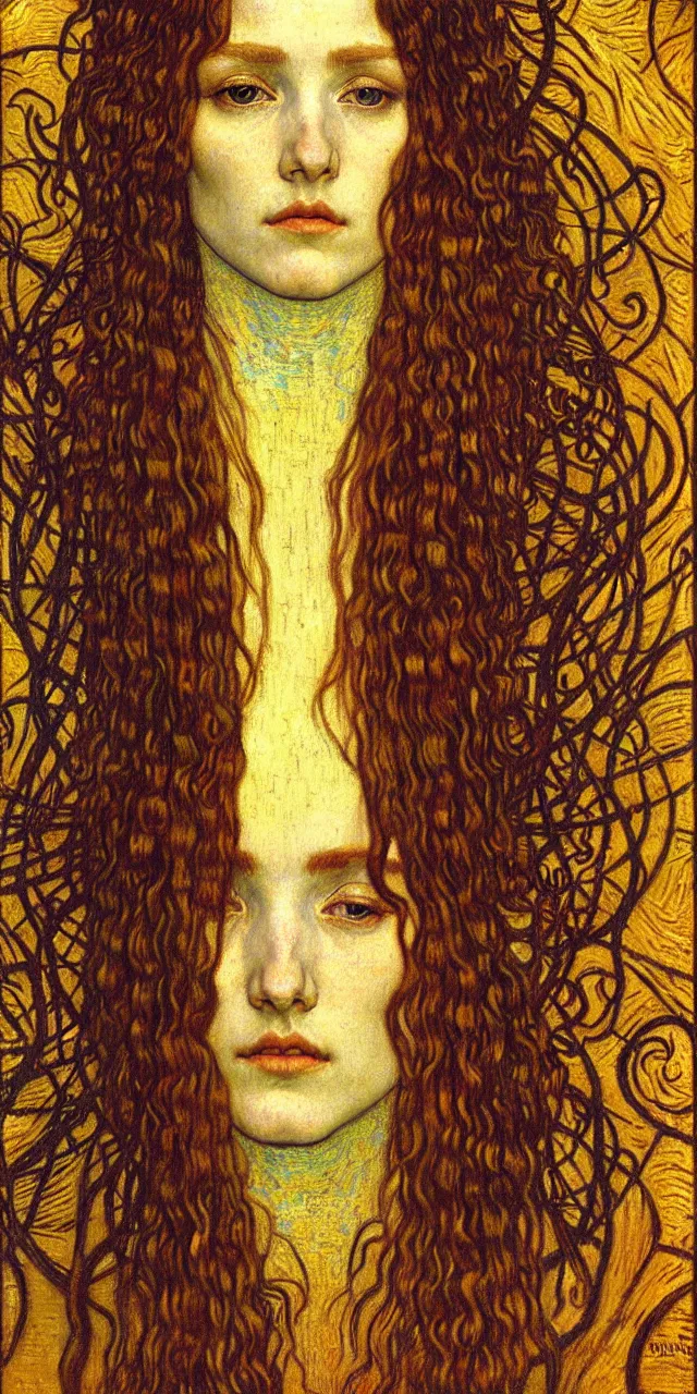 Image similar to detailed realistic beautiful young medieval queen face portrait by jean delville, gustav klimt and vincent van gogh, art nouveau, symbolist, visionary, gothic, pre - raphaelite, muted earthy colors, desaturated