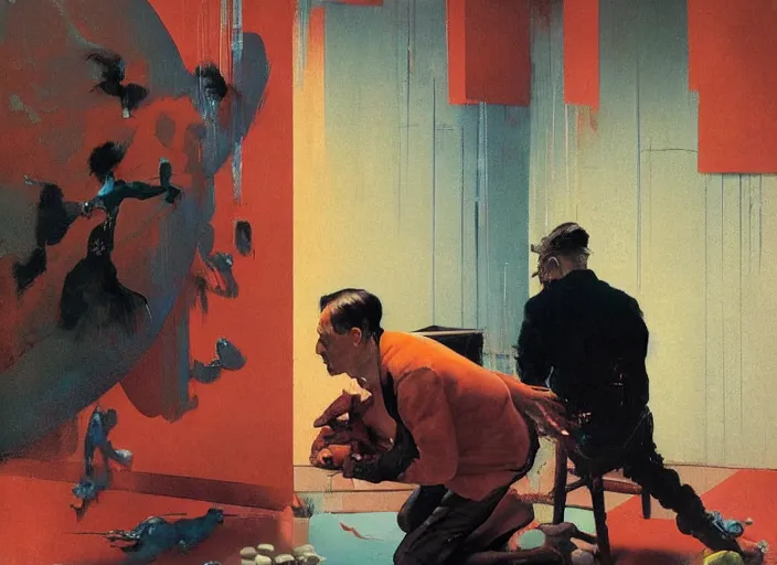 Image similar to a still from the movie million dollar baby nest by francis bacon and norman rockwell and james jean, and mark brooks, triadic color scheme, by greg rutkowski, syd mead and edward hopper and norman rockwell and beksinski, dark surrealism, orange and turquoise