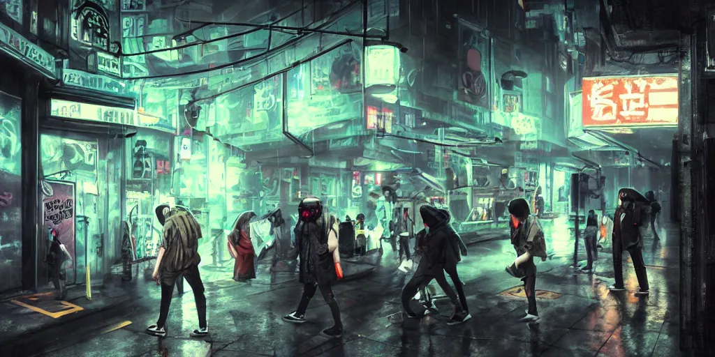 Image similar to teenagers with tech clothing and hoods and futuristic gas masks painting graffitis about chess pawns on the walls of a dystopian city, neon lights, sci - fi, night lights, rain and haze, concept art, intricate, photorealistic, in the style of katsuhiro otomo, akira, octane render, rtx, hdr, unreal engine