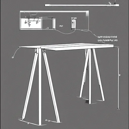 Prompt: blueprint for a ikea table, technical drawing with annotations and notes in the margins in the style of an ikea manual